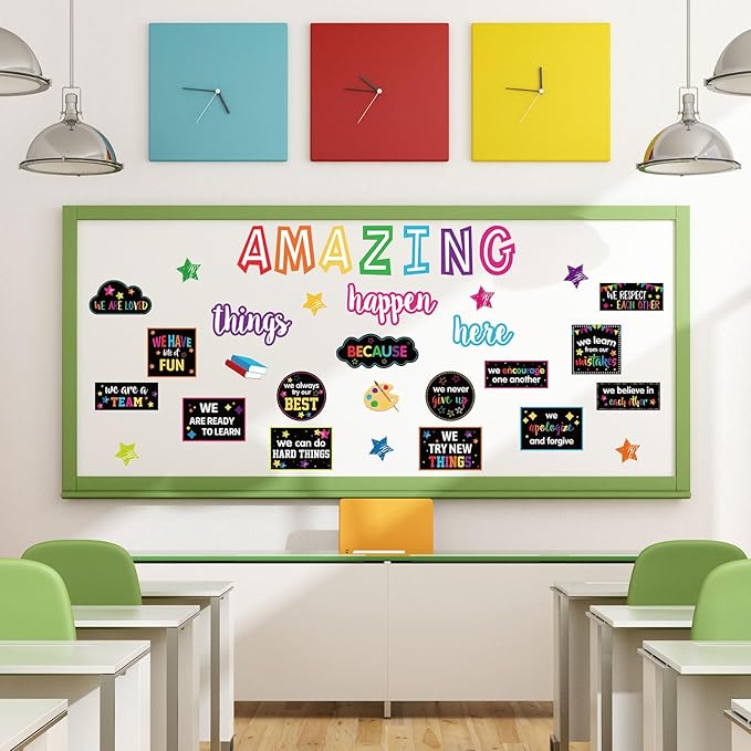 JarThenaAMCS Motivational Bulletin Board Decoration Amazing Things Happen Here Paper Cutouts with 100Pcs Glue Points Bulletin Border Stickers for Classroom Office School Home Decor, 41Pcs