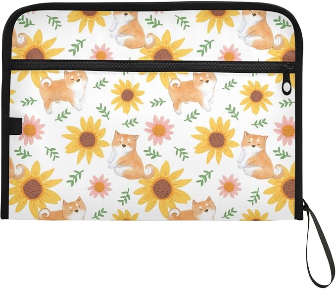 Shiba Inu Dog Sunflowe 13 Pockets Expanding File Folder with Sticky Labels Accordion File Folder Document Organizer Letter Size A4 Papers Expandable File Keeper