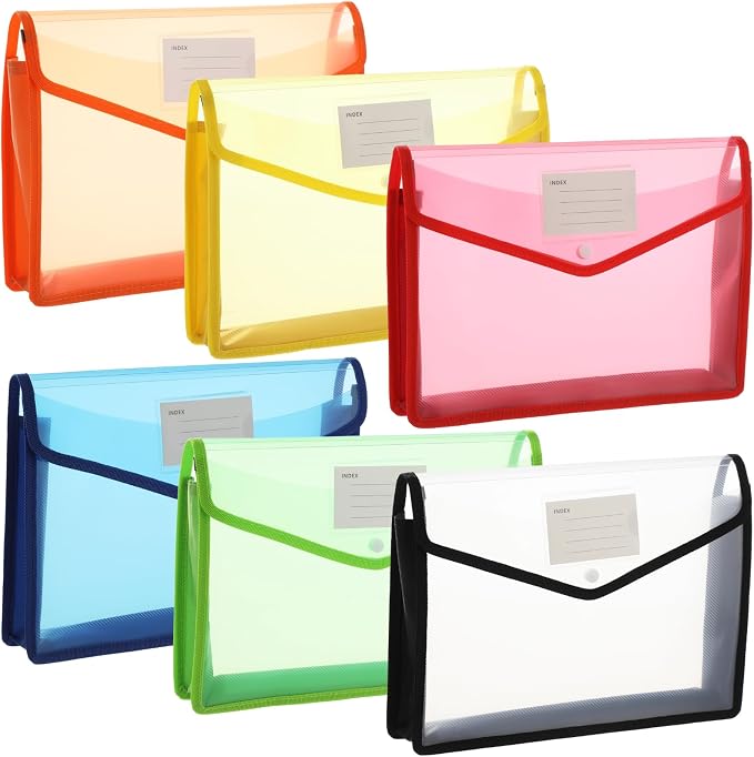 6Pcs A4 Expanding File Folders,Plastic Pocket Folders Accordion Document Organizer with Snap Button Closure, 3.14 in Wide Capacity,File Pouch with Label Pocket
