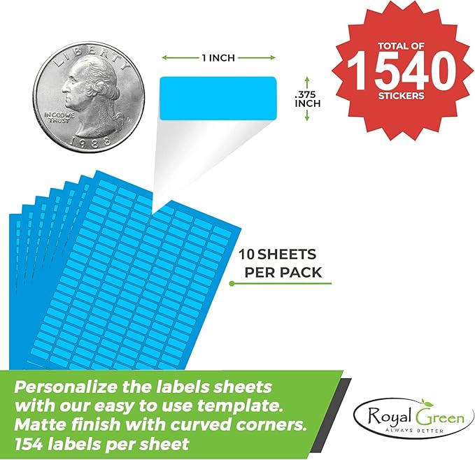 Blue Sticker Label Sheets Bulk Printable Paper Labels 1 inch x 0.375 inch - 1540 Pack, 10 Sticker Sheets for Laser/Inkjet Printers with Template Included by Royal Green