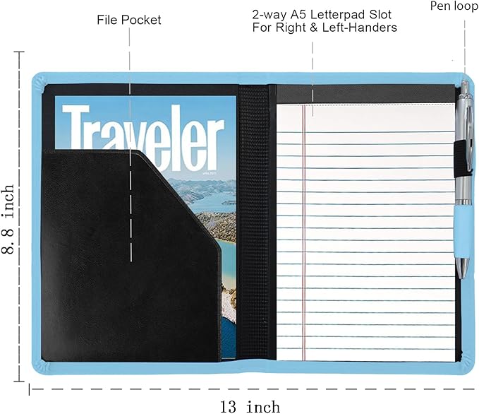 A5 Padfolio Business Portfolio Folder,Junior Size Document Folder Organizer, Padfolio with Interior Pocket and Pen Loop, 5 x 8 Writing Pad Included,Sky Blue