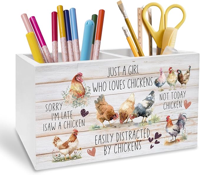 Farmhouse Rustic Chicken Pen Holder for Desk, Gifts for Chicken Lovers Pencil Organizer, Farm Hen Rooster Wooden Box Sign Desk Decor for Farmhouse Home Office Decoration