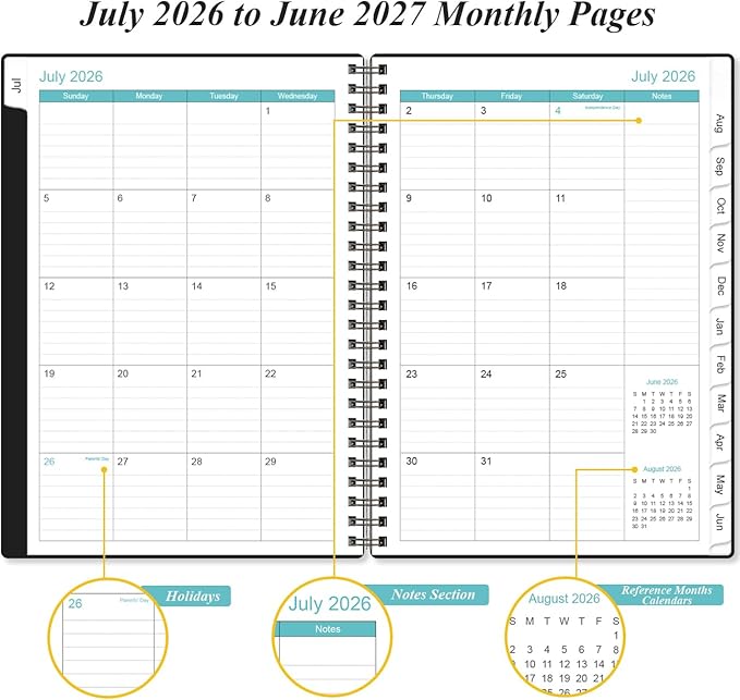 2026-2027 Planner - Weekly and Monthly Calendar Planner from Jul 2026 - Jun 2027, Planner 2026-2027 Spiral Bound with 12 Monthly Tabs, Inner Pocket, Perfect for School Office Supplies, 6.4" x 8.5", Black-C