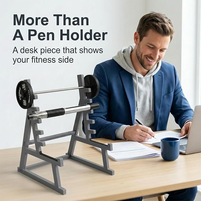Squat Rack Pen Holder for Desk, Funny Barbell Pencil Cup with Mini Gym Equipment Design, Unique Office Stationery Organizer Decor, Gym Gifts for Men, Weightlifting Lovers and Workout Fans