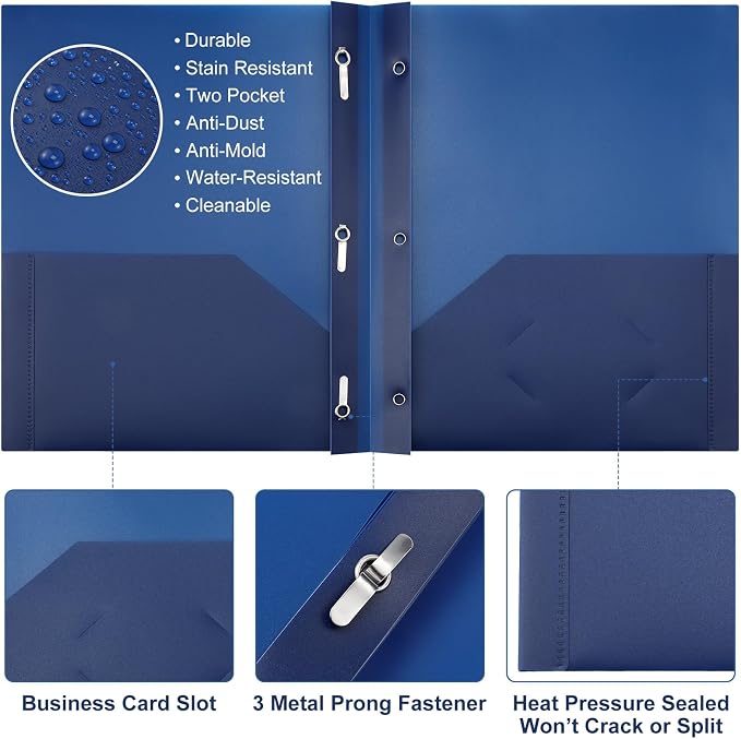 Cholemy 72 Packs Pocket Folders with Prongs Heavy Duty Plastic Folder with Business Card Slot 3 Prong Fasteners for School Office (Navy Blue)
