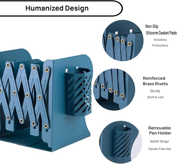Adjustable Book Ends for Heavy Books, Metal Expandable Bookends for Shelves, Book Organizer Stopper Holder for Desk, Kids Room, Classroom, Office, Library (Blue)