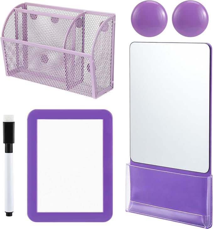 Fuyoooo Magnetic Locker Accessories Back to School Essentials Include Magnetic Mirror with Holder Magnet Mesh Pen Holder Small Whiteboard and Magnet for Office School Locker Organizer(Classic,Purple)