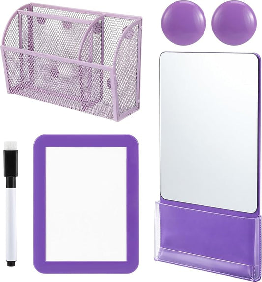 Fuyoooo Magnetic Locker Accessories Back to School Essentials Include Magnetic Mirror with Holder Magnet Mesh Pen Holder Small Whiteboard and Magnet for Office School Locker Organizer(Classic,Purple)