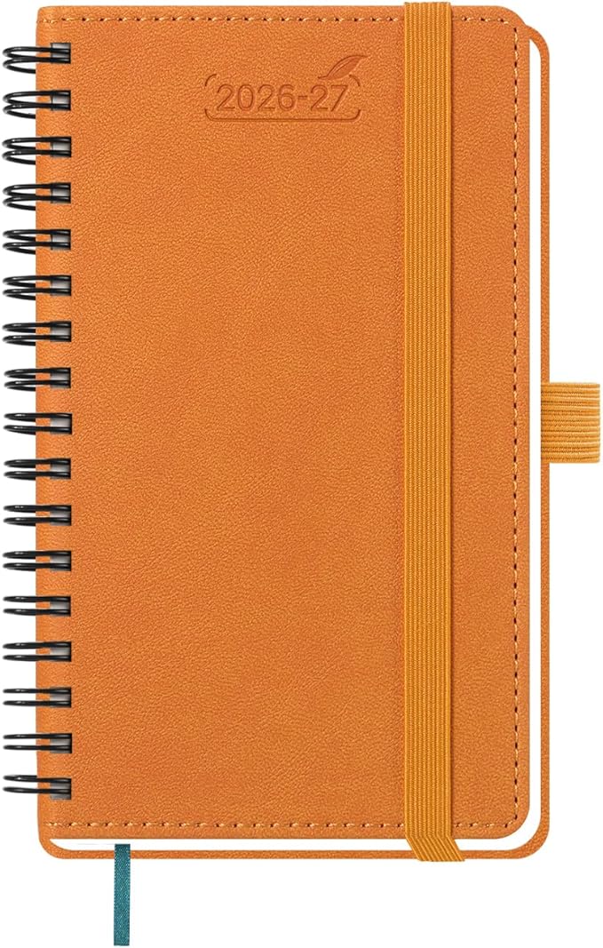 BEZEND Pocket Planner 2026-2027 Weekly and Monthly (3.5" x 6") 18 Months Small Academic Calendar (Jul 26-Dec 27) for Students, Work & Home, Storage Pocket, Spiral PU Leather Softcover -Orange