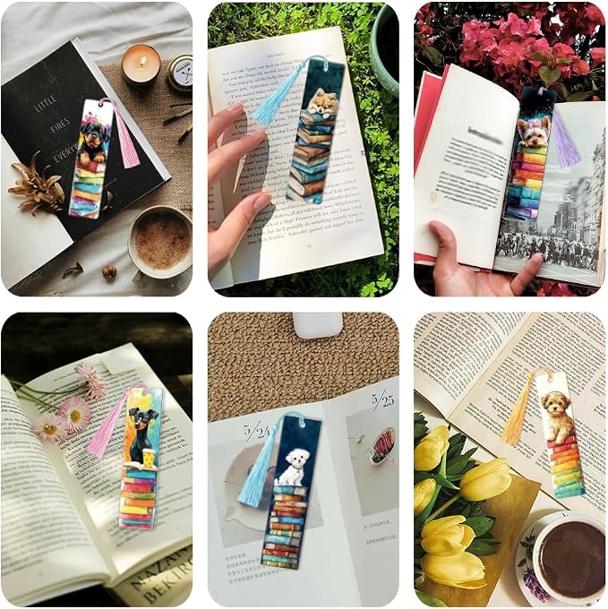 Peacoblue 30pcs UV DTF Bookmarks Transfer Stickers Wraps Dog and Stack of Books for Women Men Reading, Waterproof Bookmarkers Decal(No Blank Bookmarks) for Acrylic Plastic Metal Blank Bookmark