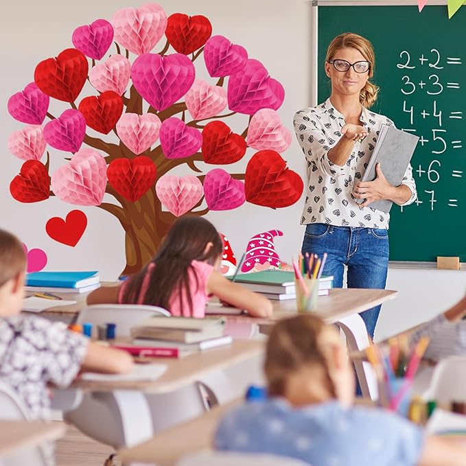 JarThenaAMCS 50Pcs Valentine's Day Bulletin Board Set Classroom Decoration 3 Colors Heart Honeycomb Tree Love Gnome Paper Cutouts with Glue Points for School Wall Door Wedding Anniversary Supplies