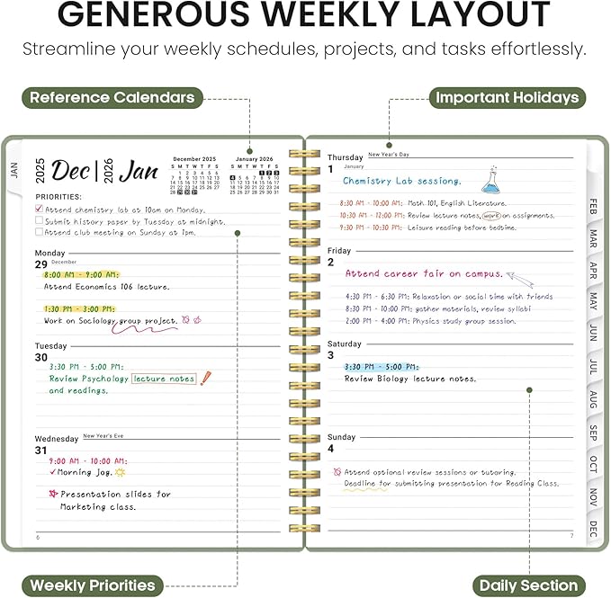 2026 Planner, Weekly and Monthly Calender Planner, Jan 2026 to Dec 2026, Hardcover 2026 Calendar Book with Tabs & Inner Pocket, Office Home School Supplies for Women & Men - A4 (8.5" x 11"), Green