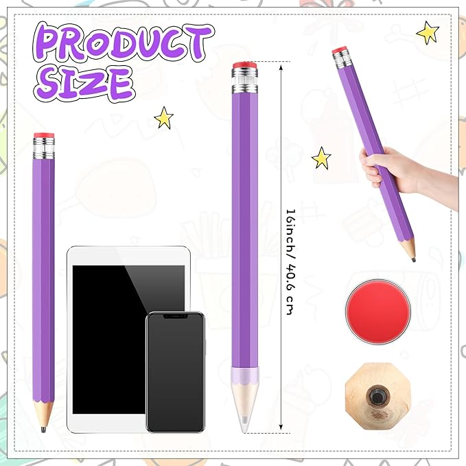 16 Inch Wooden Large Jumbo Pencils Giant Big Funny Wood Pencil with Cap and Eraser Fun Novelty Gifts for Kids School Kindergarten Home Office Prop Supplies(Purple)