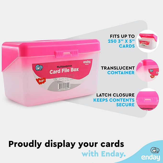 Enday Index Card Box Pink 3x5 Index Card Holder, Index Card Organizer, Flash Card Holder, Holds 250 Cards.
