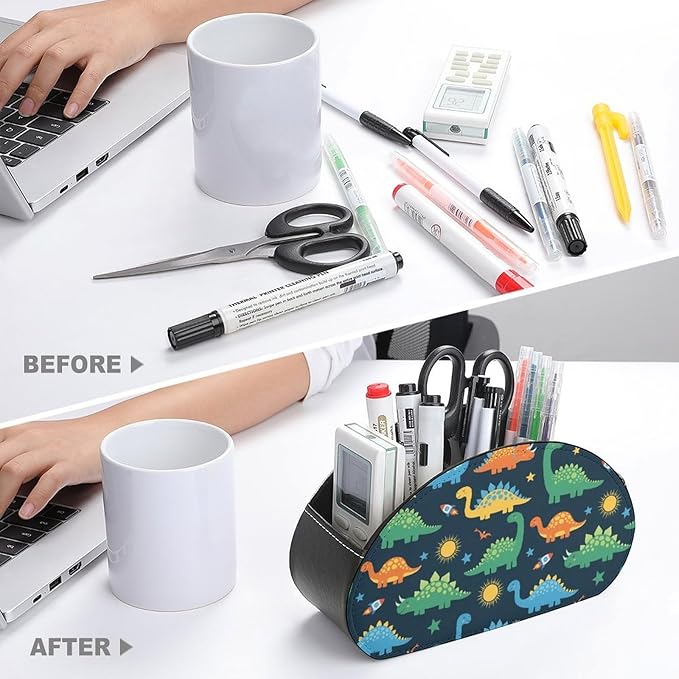 PU Leather Remote Control Holder with 5 Compartments, Desk Organizer for TV Remotes, Office Supplies, and Bedside Table Storage, Dinosaurs