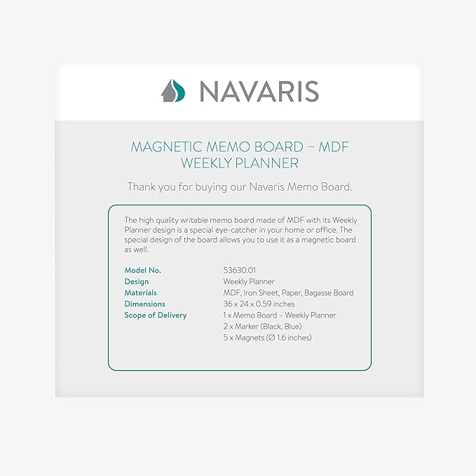 Navaris Weekly Planner White Board - 24" x 36" Magnetic Dry Erase Whiteboard Calendar with 7-Day Week Plan for Wall - Includes Markers and Magnets