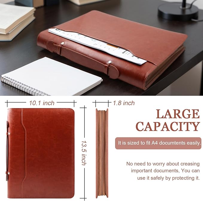 Faux Leather Portfolio Binder with Handle & Clipboard, Zippered Padfolio Folder Organizer 3 Ring Binder for Document, Business Card Holder,Professional Portfolio Notebook for Men & Women (Brown)