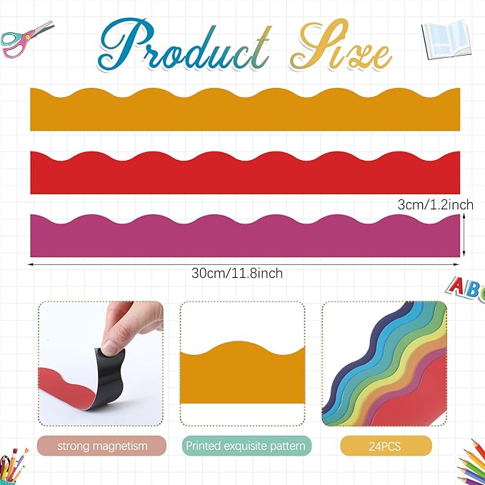 Qeeenar 24 Pcs Magnetic Borders for Classroom Bulletin Board Borders Magnetic Whiteboard Classroom Strips for Office Chalkboard Decoration(Rainbow Color)