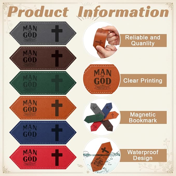 AmazingSpark 12 Pcs Man of God Cross Gift Bulk for Father's Day Christian Leather Magnetic Bookmarks Religious Gift for Men Dad Church Pastors Missionary Husband (Classic)