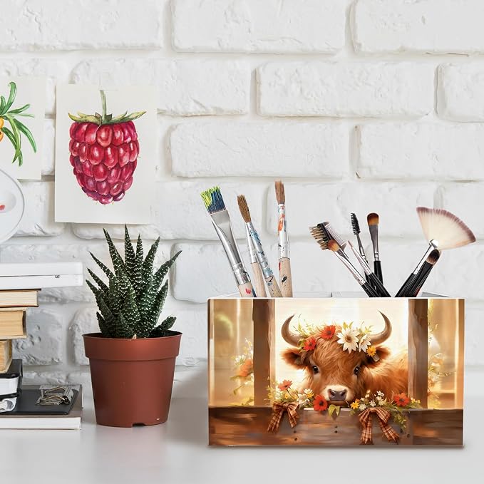 Rustic Floral Highland Cow Pen Holder for Desk, Gifts for Highland Cow Lovers Pencil Organizer, Farmhouse Heifer Wooden Box Sign Desk Decor for Girl Nursery Home Office Decoration