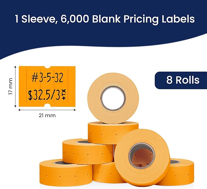 Perco 2 Line Fluorescent Orange Labels - 8 Rolls, 1 Sleeve, 6,000 Blank Price and Date Gun Labels for Perco 2 Line Price and Date Guns - Made in USA