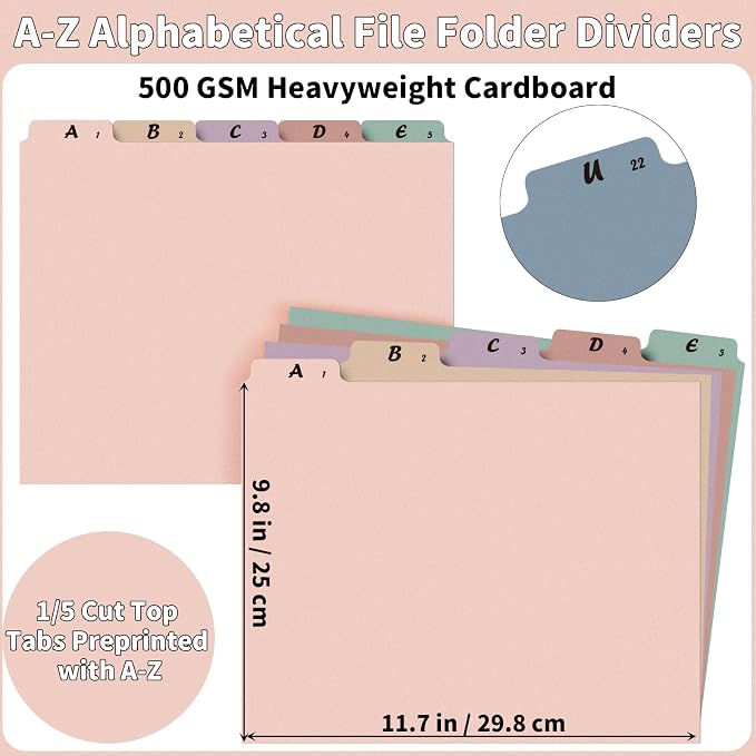 2 Set 50 Pcs Alphabetical File Organizer 12 Color A-Z Top Tab Alphabet File Cabinet Dividers Letter-Size 1/5 Cut Tab File Folder Guide 500 GSM Heavyweight Manila Cardboard for Office Home School Desk