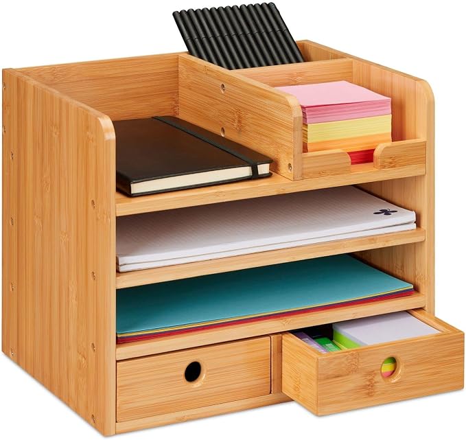 Bamboo Desk Organizers with drawers, 4-Tier Desk Accessories & Workspace Organizers with file holder and small storage compartment, Desk Reference Organizer (Bamboo)