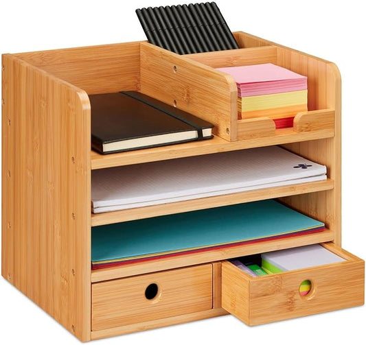 Bamboo Desk Organizers with drawers, 4-Tier Desk Accessories & Workspace Organizers with file holder and small storage compartment, Desk Reference Organizer (Bamboo)