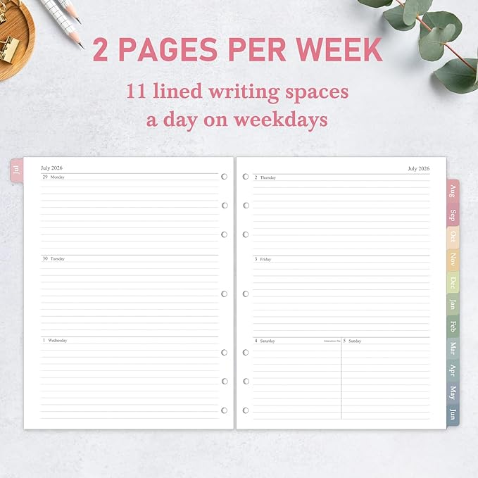 2026-2027 Weekly & Monthly Planner Refill for 3 Ring Binder, 8.5"x11", A4 Letter Size Planner Inserts with Colorful Monthly Tabs, Size 5, July 2026 - June 2027, 7/3-Hole Punched