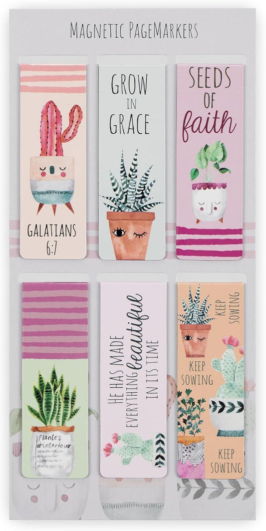 Christian Art Gifts Magnetic Scripture Bookmark Set for Women: Grow in Grace -2 Peter 3:18 Inspirational Succulent Garden Magnetic Bible Verse Pagemarker Set of 6 for Bibles and Books Size 2.3” x 0.8”