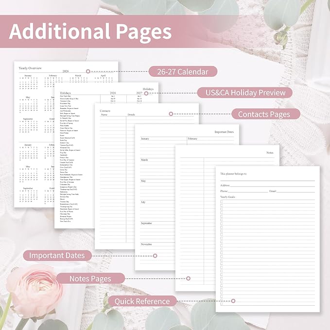Planner 2026, Weekly and Monthly Planner with Tabs from Jan 2026 - Dec 2026, A5 Hardcover Academic Calendar with Date for School & Office Schedule, 5.8" x 8.3", Pink