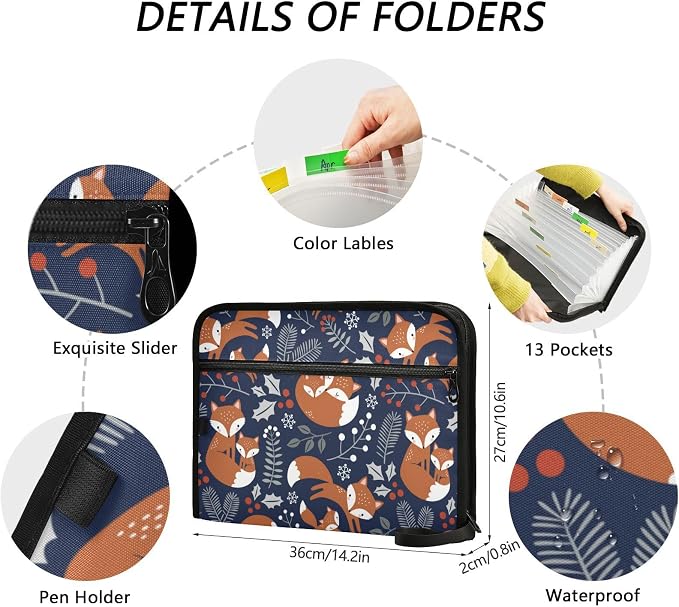 Cute Fox Family Tree Leaves 13 Pockets Expanding File Folder with Sticky Labels Accordion File Folder Document Organizer Letter Size A4 Papers Expandable File Keeper