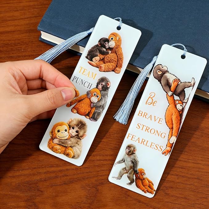 2Pcs Adorable Punch Monkey Bookmarks, Inspirational Acrylic Animal Book Marks with Tassels, Novelty Gifts for Readers (2PCS-Punch Monkey)
