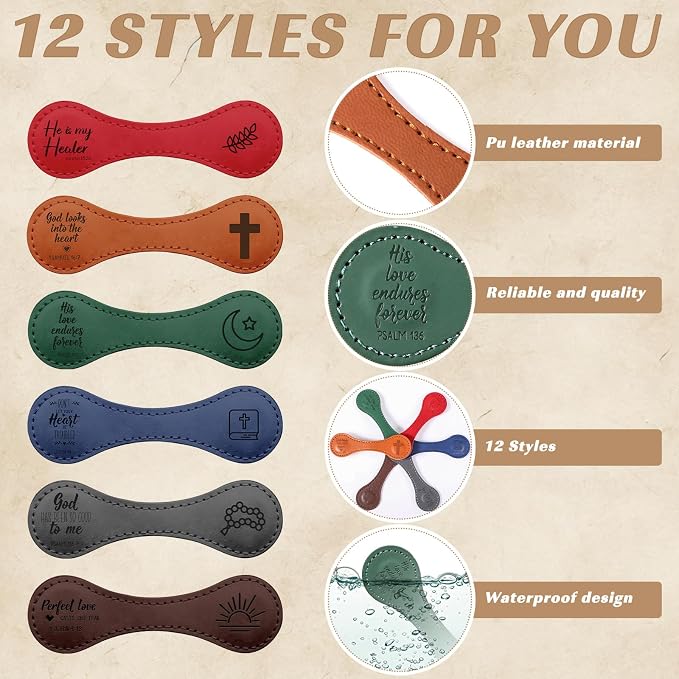 Sinload 12 Pcs Magnetic Christian Bookmarks Fathers Day Christian Gifts, Leather Bible Verse Bookmarks Scripture Page Markers for Men Dad Godfather Sunday School Reading Church Bible Study (Vivid)