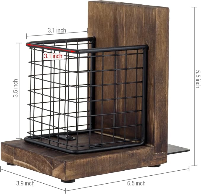 MyGift Book Ends for Desk, Decorative Farmhouse Bookends for Heavy Books with Pen Holders, Office Supplies Storage Baskets, Rustic Burnt Wood and Matte Black Metal Wire Basket, 1-Pair