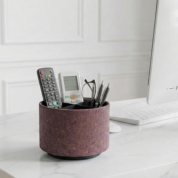 Round Leather Art Supply Organizer,Remote Control Holder,360 Degree Spinning,Multi-Functional Pencil Holder,4 Compartments Desktop Stationary Organizer(1-Soft Red)