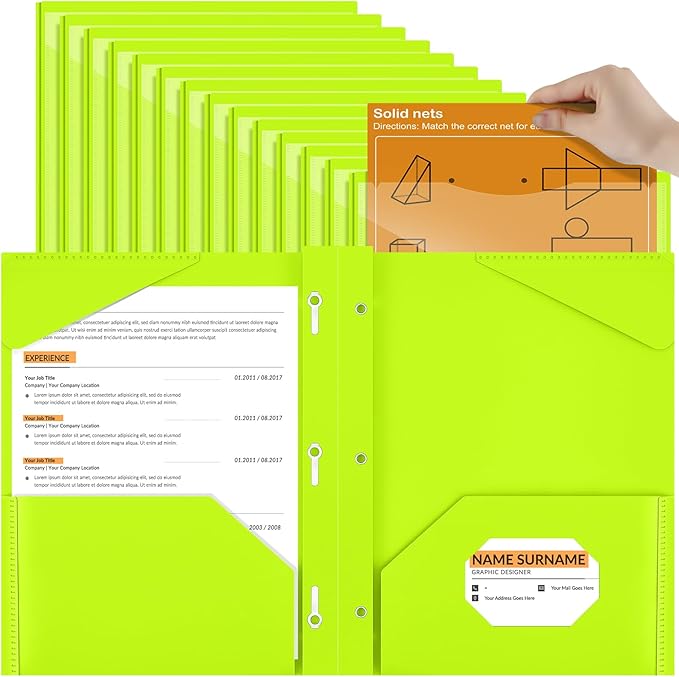 Henoyso 36 Pcs Plastic Folder with Clear Front Pocket and 3 Prong Plastic Folders with Card Slot Pocket Folders with Prongs for School Office (Fluorescent Green)