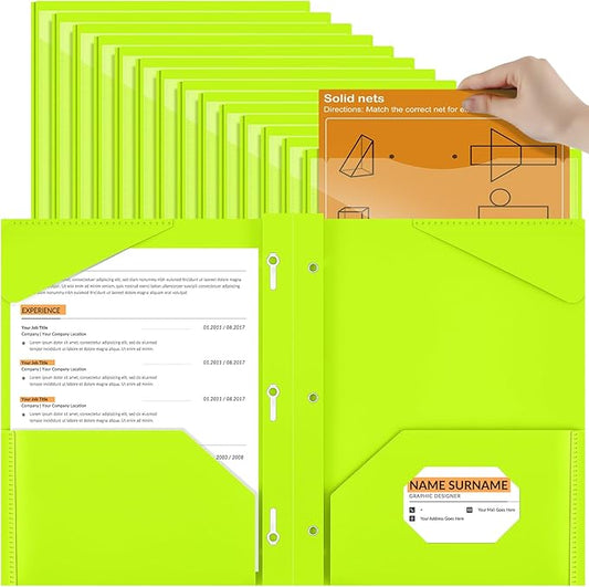 Henoyso 36 Pcs Plastic Folder with Clear Front Pocket and 3 Prong Plastic Folders with Card Slot Pocket Folders with Prongs for School Office (Fluorescent Green)