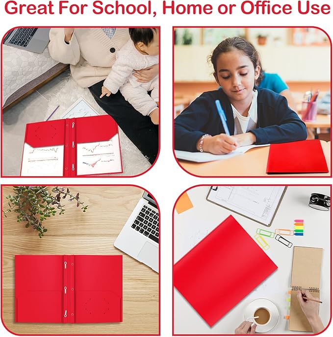 ViVin 12 Pack Plastic Folders with Pockets and Prongs, Heavy Duty 2 Pocket Folders with 3-Prong Fasteners, Poly File Holds 8-1/2" x 11" Paper for School Office Home (Red)