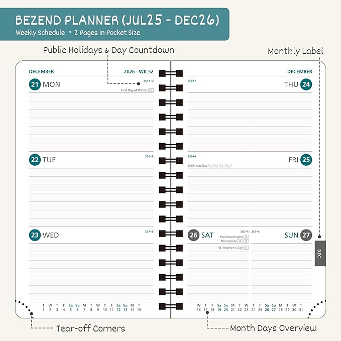 BEZEND Pocket Planner 2026 Weekly and Monthly (3.5" x 6") Small Calendar Book for Purse (Jul 25-Dec 26) with Daily Appointment, Storage Pocket, Pen Holder, Spiral, PU Leather Softcover - Black
