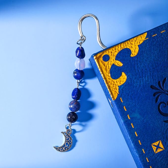 Vintage Metal Moon Bookmark Pendant with Natural Crystal Bead Chain–Elegant Bookmarks for Women,Men,Book Lovers,Teachers and Students(Sodalite)