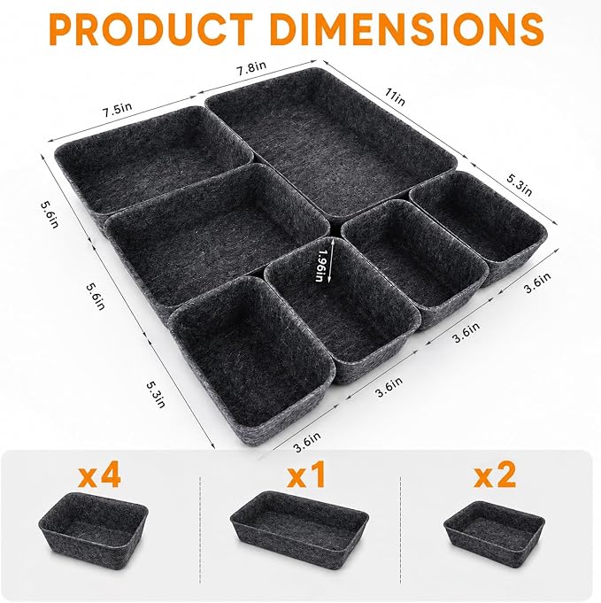 7 Pack Drawer Organizer Compatible with Ikea Alex Drawer Unit, Felt Desk and Makeup Drawer Organizers, Soft Storage Bins for Office, Vanity, Bedroom, and Dresser Shallow Drawers
