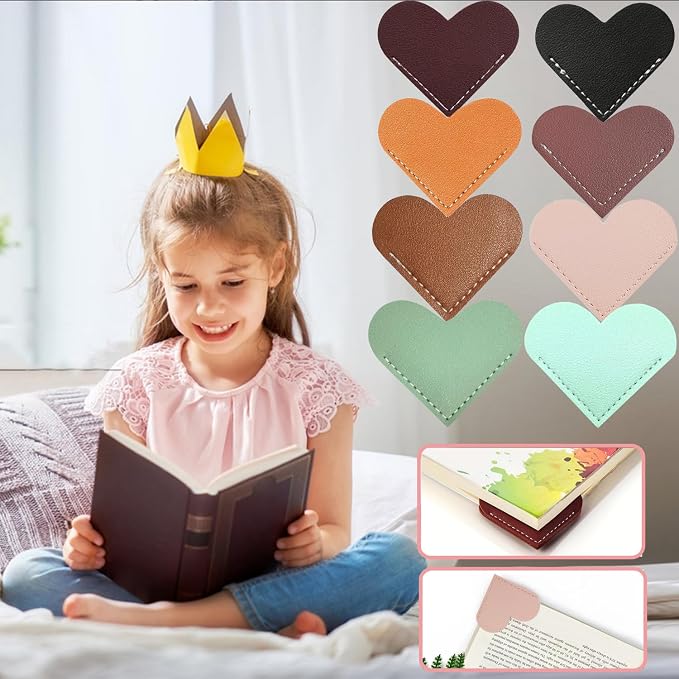Meiqils 8Pack Faux Leather Heart Bookmarks, Cute Corner Page Markers for Reading Women, Kids, Teachers, Students, Book Lovers, 8pcs in
