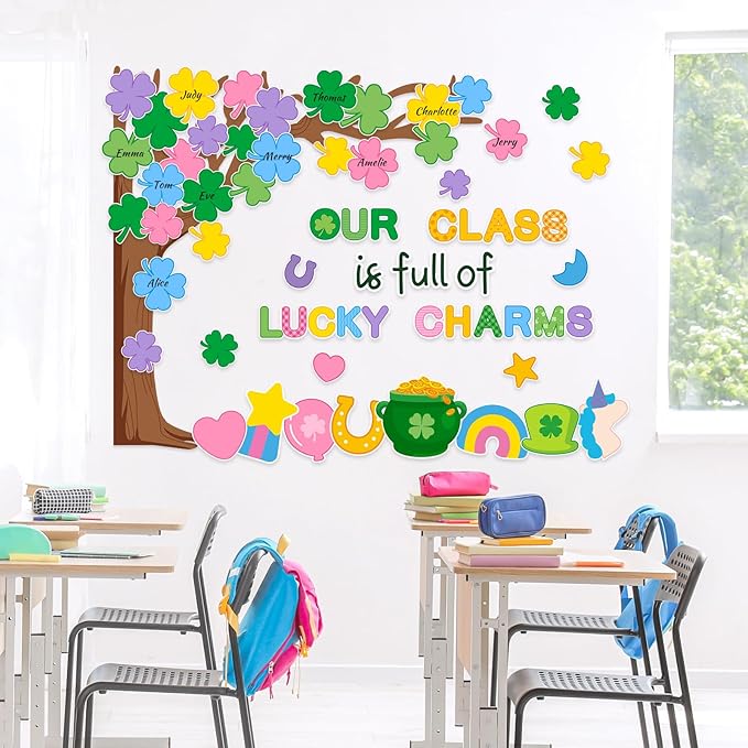 JarThenaAMCS St. Patrick' s Day Bulletin Board Set Lucky Charms Tree Classroom Decorations Shamrock Irish Clover Gold Coin Unicorn Paper Cutouts for School Classroom Chalkboard Wall Decor Supplies