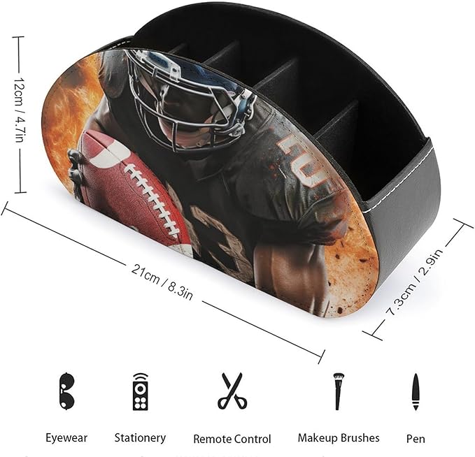 Cool American Football Remote Control Holder with 5 Compartments, PU Leather TV Remote Caddy, Desk Organizer for TV, Game Controllers, Office Supplies