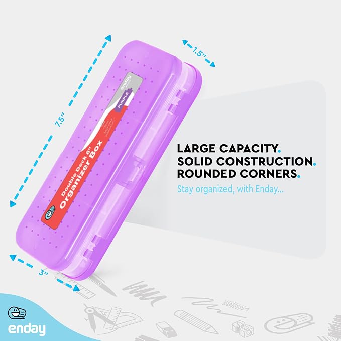 Enday Pencil Box Purple, Plastic Double Deck Pencil Case with 7 Compartments, Box Organizer with Snap Closure for Home and Office
