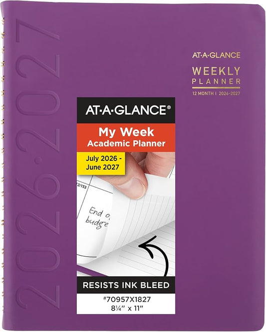 AT-A-GLANCE Planner 2026-2027 Weekly & Monthly Academic 12-Month July-June Half-Hourly Appointment Book, 8-1/4" x 11", Contemporary, Purple (70957X18)