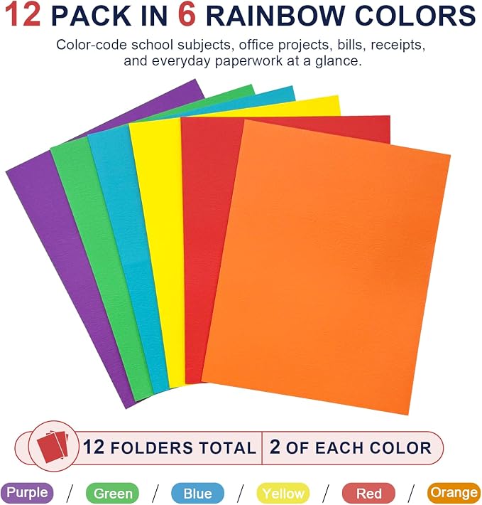 Two Pocket Folders, Paper File Folders with Pockets, Letter Size, 12 Pack | 8.5x11 Paper, Business Card Slot, Black to School Supplies, For Kids, Students, Teachers, Office Organization