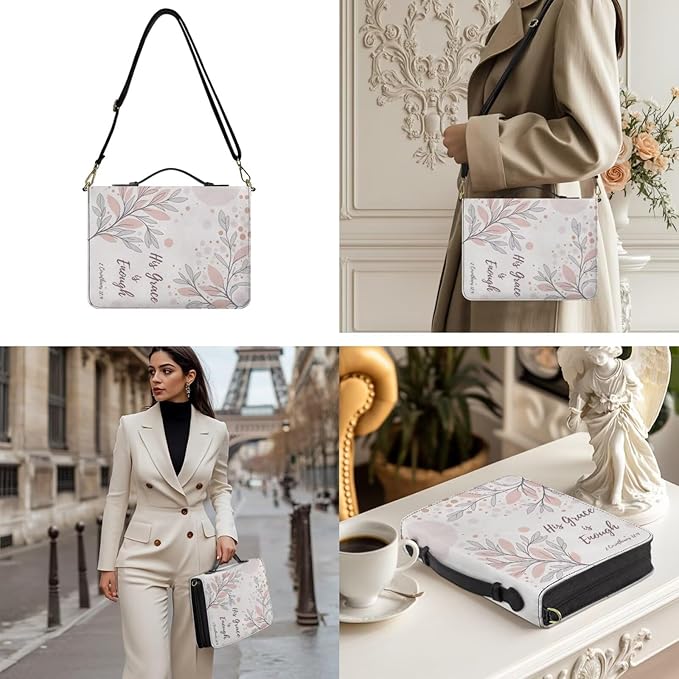 Aesthetic Bible Cover Case for Women Gray, 2XL Bible Bible Cases with Strap and Handle, II Corinthians 12:9 Biblia Holder with Inner Pockets and Pen Loop, Church Bags for Women