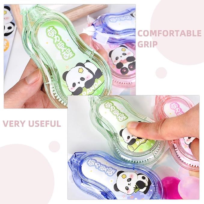 Ciieeo 4pcs Correction Tape for Students with Cartoon Panda Design, Portable Small Eraser Tape Set in Pink Blue Green and Cyan, Classroom and School Supplies for Daily Writing Correction